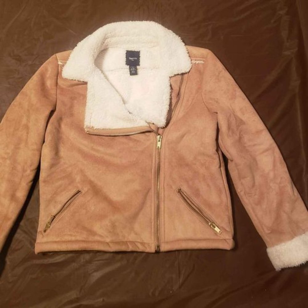 Girls Sherpa Trim, Tan Faux Suede jacket, Gap, Shearling Trim